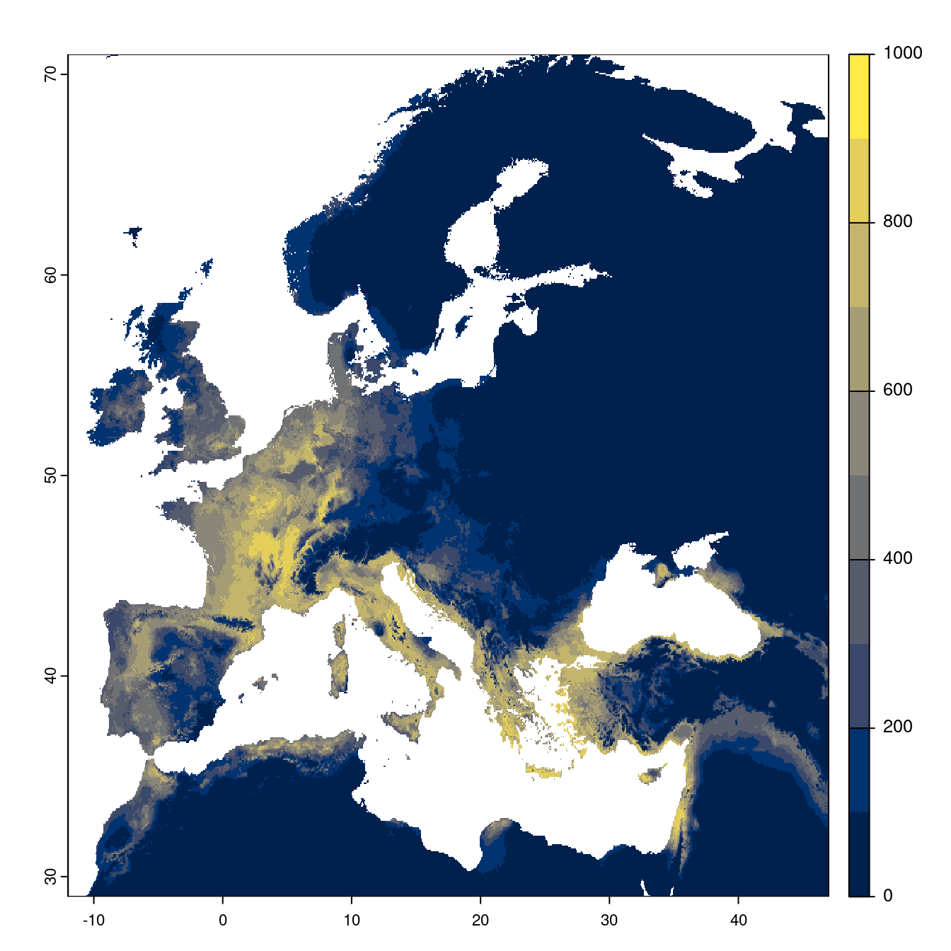 Projection des distributions potentielles futures jusqu'à l'horizon 2100 sous le scénario SSP2-4.5 (modèle d'ensemble).