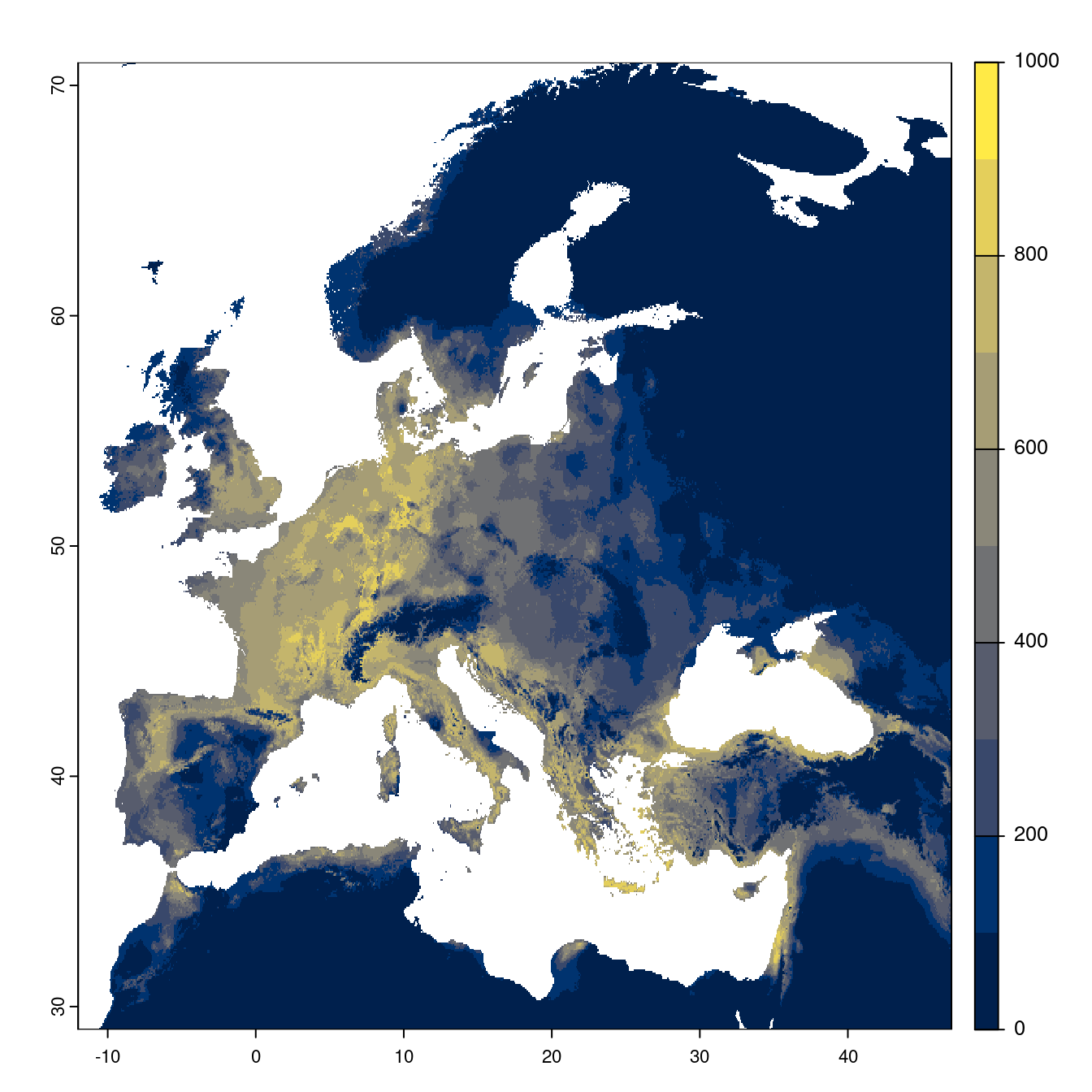 Projection des distributions potentielles futures jusqu'à l'horizon 2100 sous le scénario SSP2-4.5 (modèle d'ensemble).