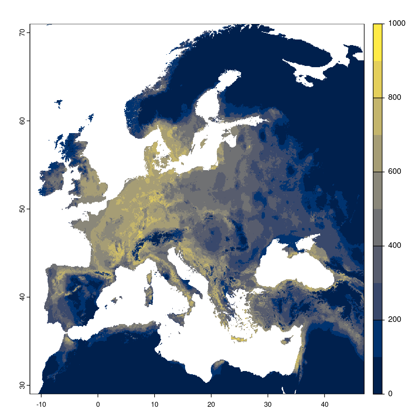 Projection des distributions potentielles futures jusqu'à l'horizon 2100 sous le scénario SSP2-4.5 (modèle d'ensemble).