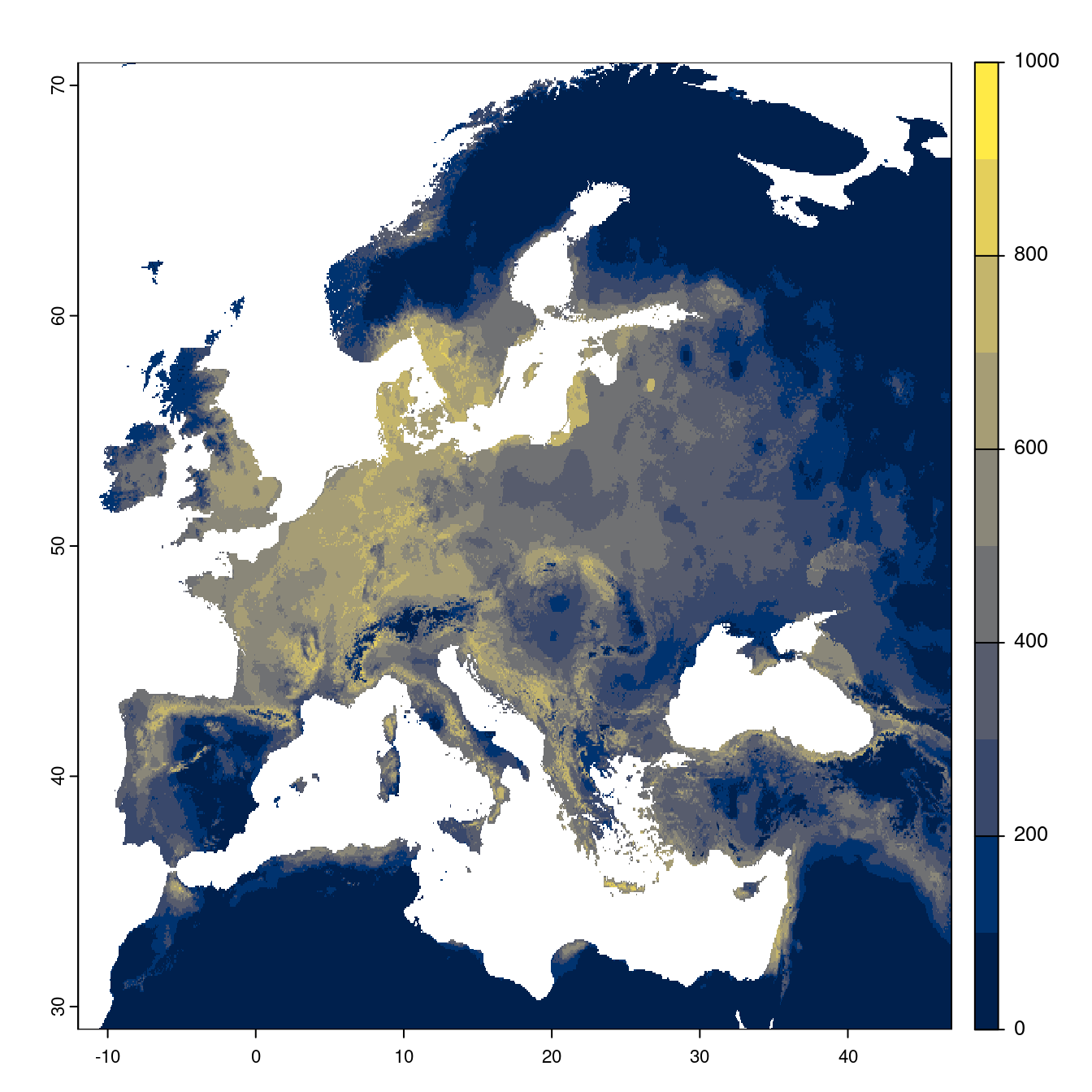 Projection des distributions potentielles futures jusqu'à l'horizon 2100 sous le scénario SSP3-7.0 (modèle d'ensemble).