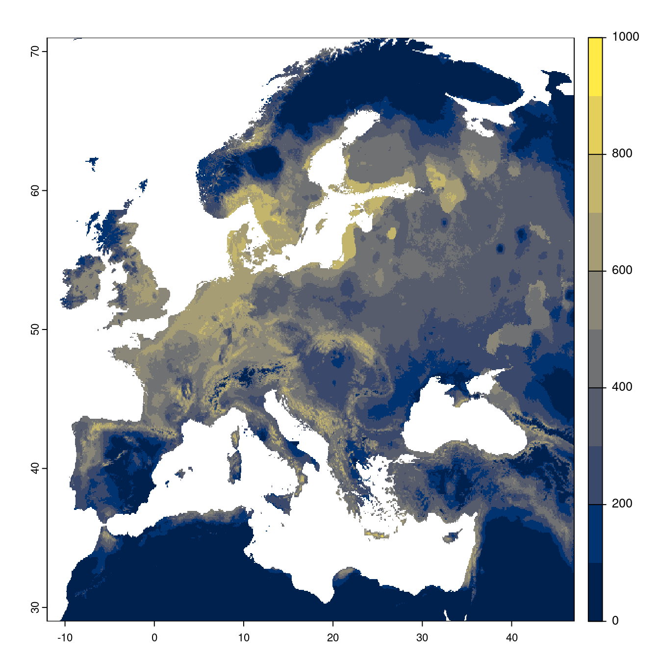 Projection des distributions potentielles futures jusqu'à l'horizon 2100 sous le scénario SSP3-7.0 (modèle d'ensemble).