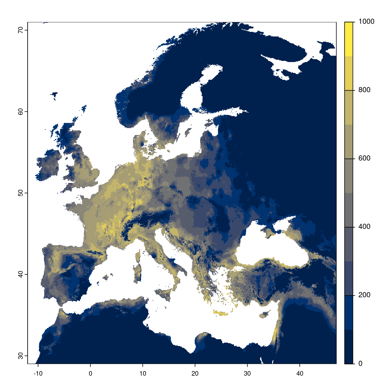 Projection des distributions potentielles futures jusqu'à l'horizon 2100 sous le scénario SSP5-8.5 (modèle d'ensemble).