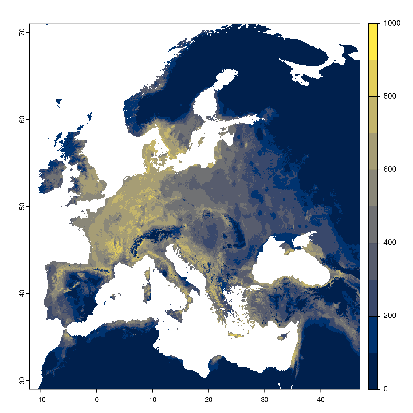 Projection des distributions potentielles futures jusqu'à l'horizon 2100 sous le scénario SSP5-8.5 (modèle d'ensemble).