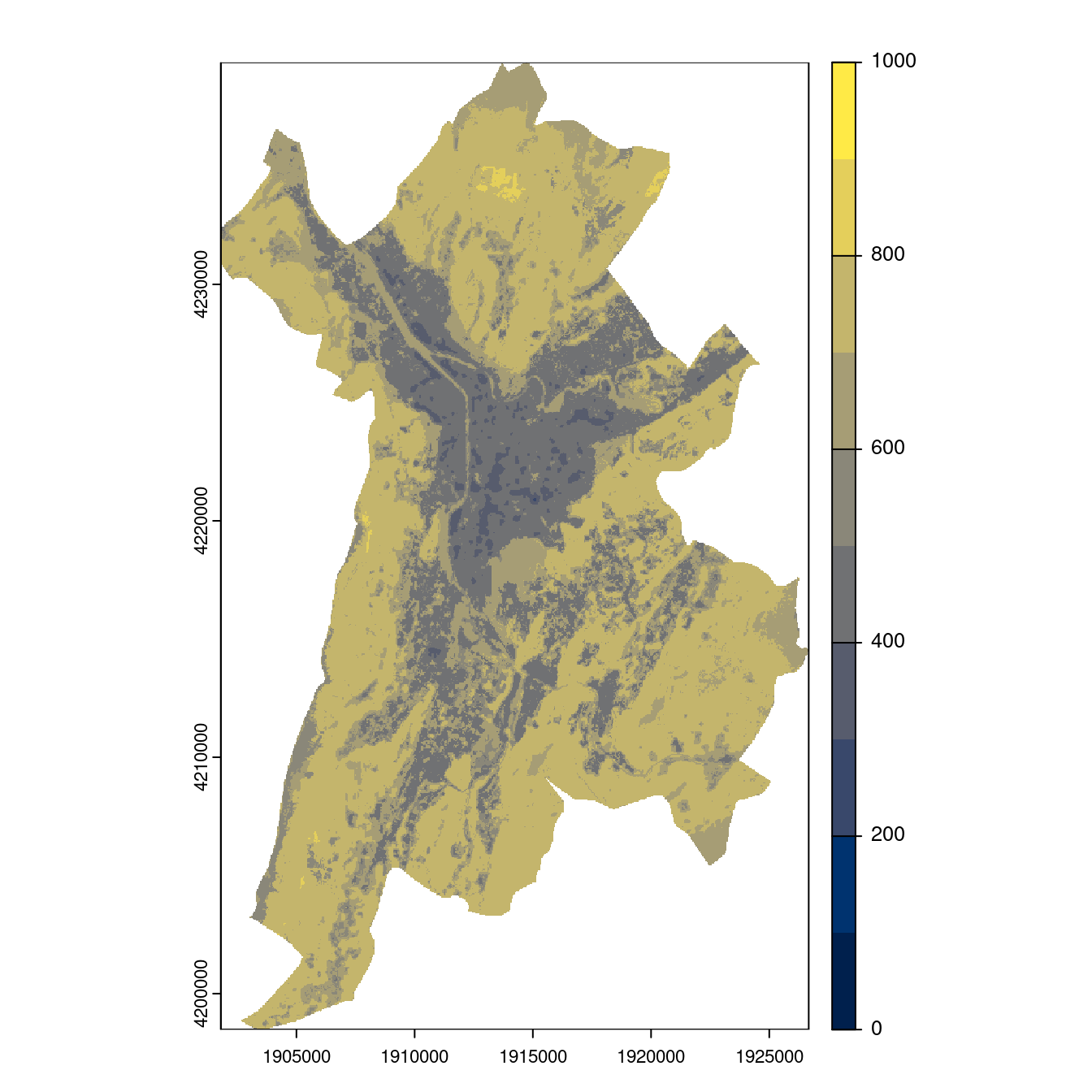 Projection des distributions potentielles contemporaine et futures jusqu'à l'horizon 2100 sous le scénario SSP5-8.5 (modèle d'ensemble, GCM IPSL).