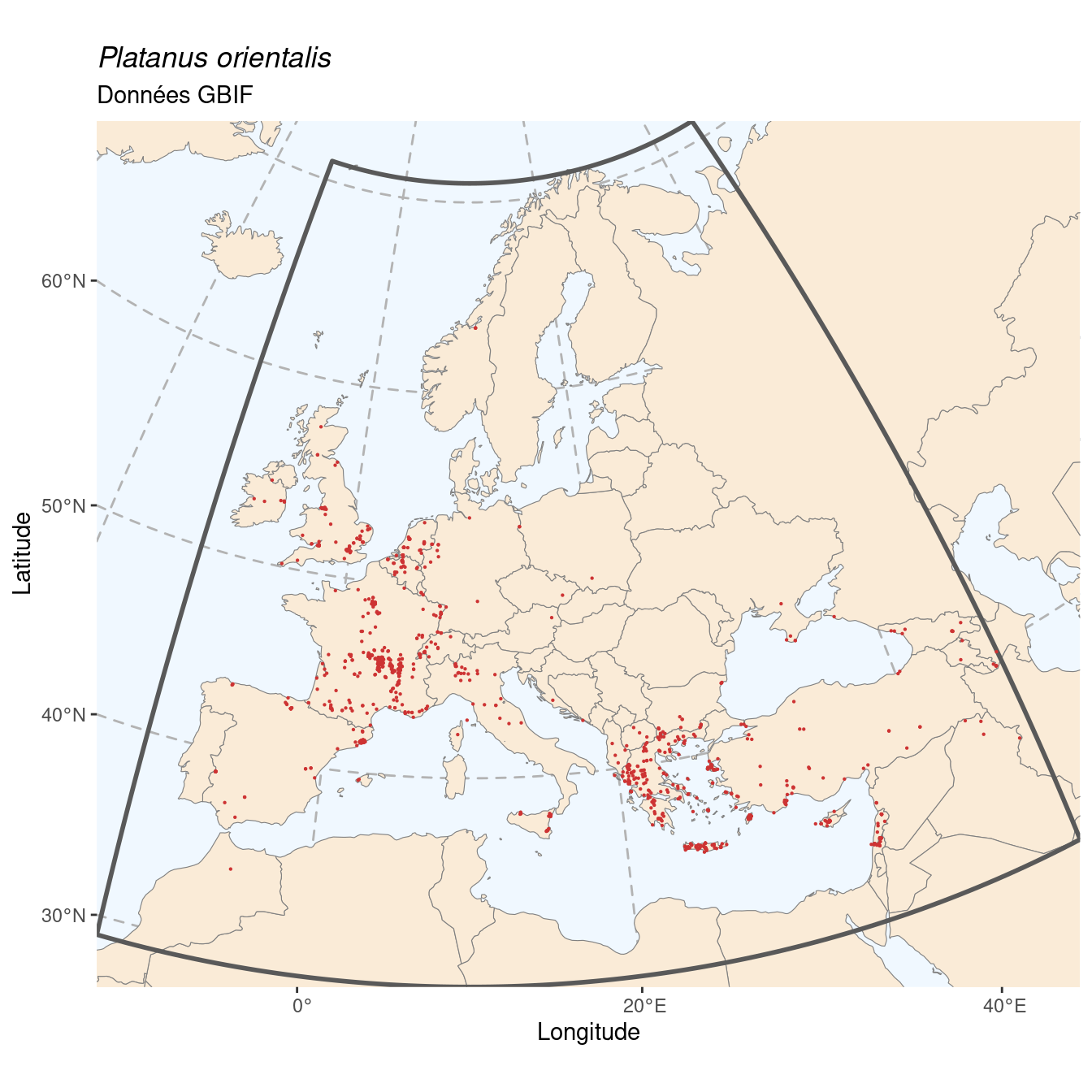 Occurrence de Platanus orientalis dans la région d'endémisme.