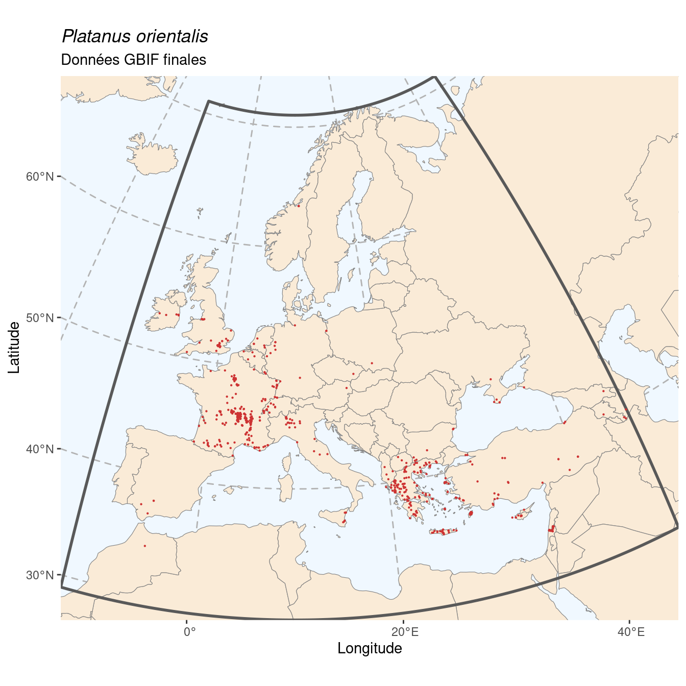 Occurrence de Platanus orientalis dans la région d'endémisme après sous-échantillonnage éventuel.