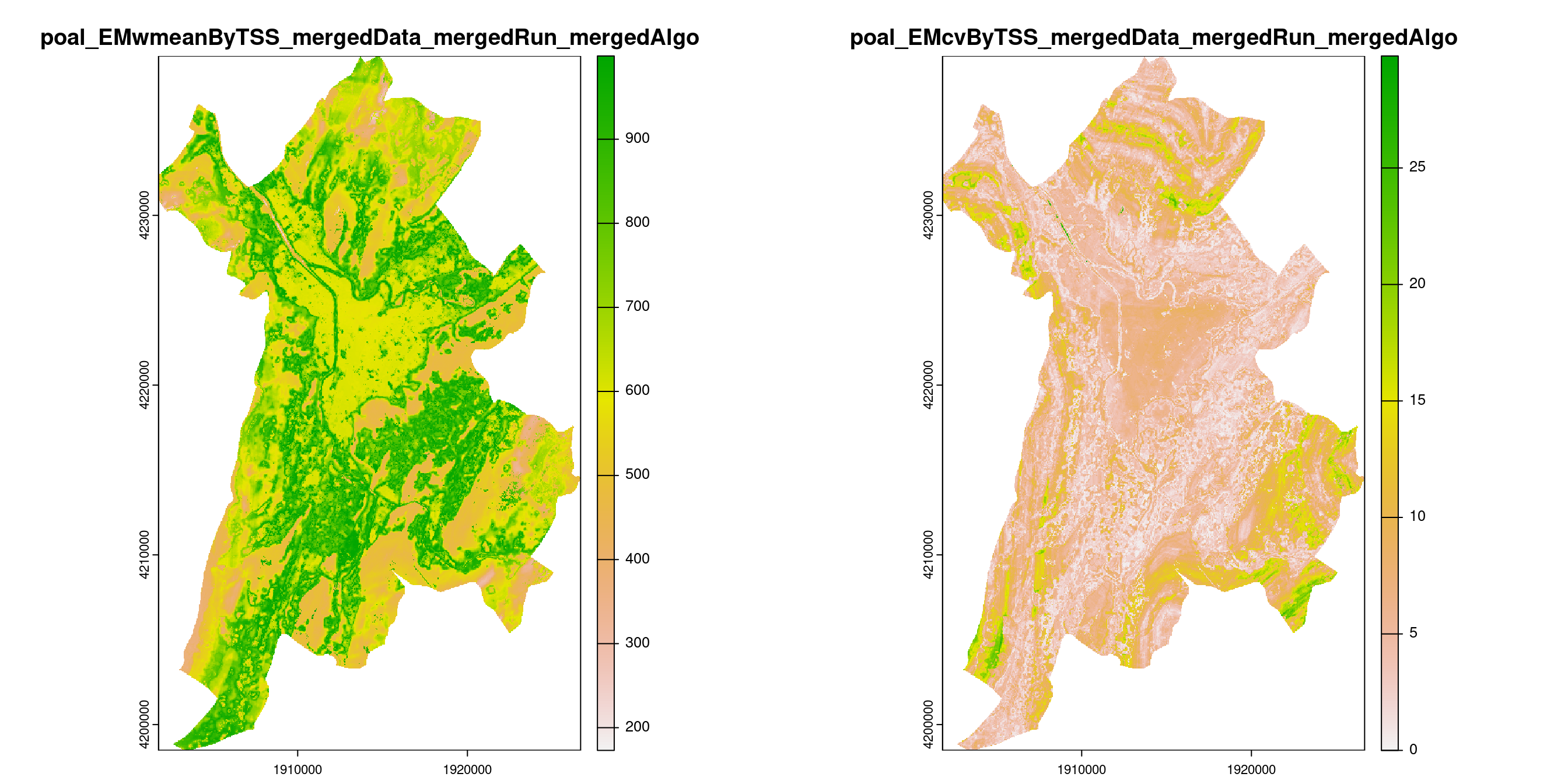 A) Projection de la distribution potentielle contemporaine (modèle d'ensemble) sur la métropole de Grenoble ; B) Incertitude associée à la projection.