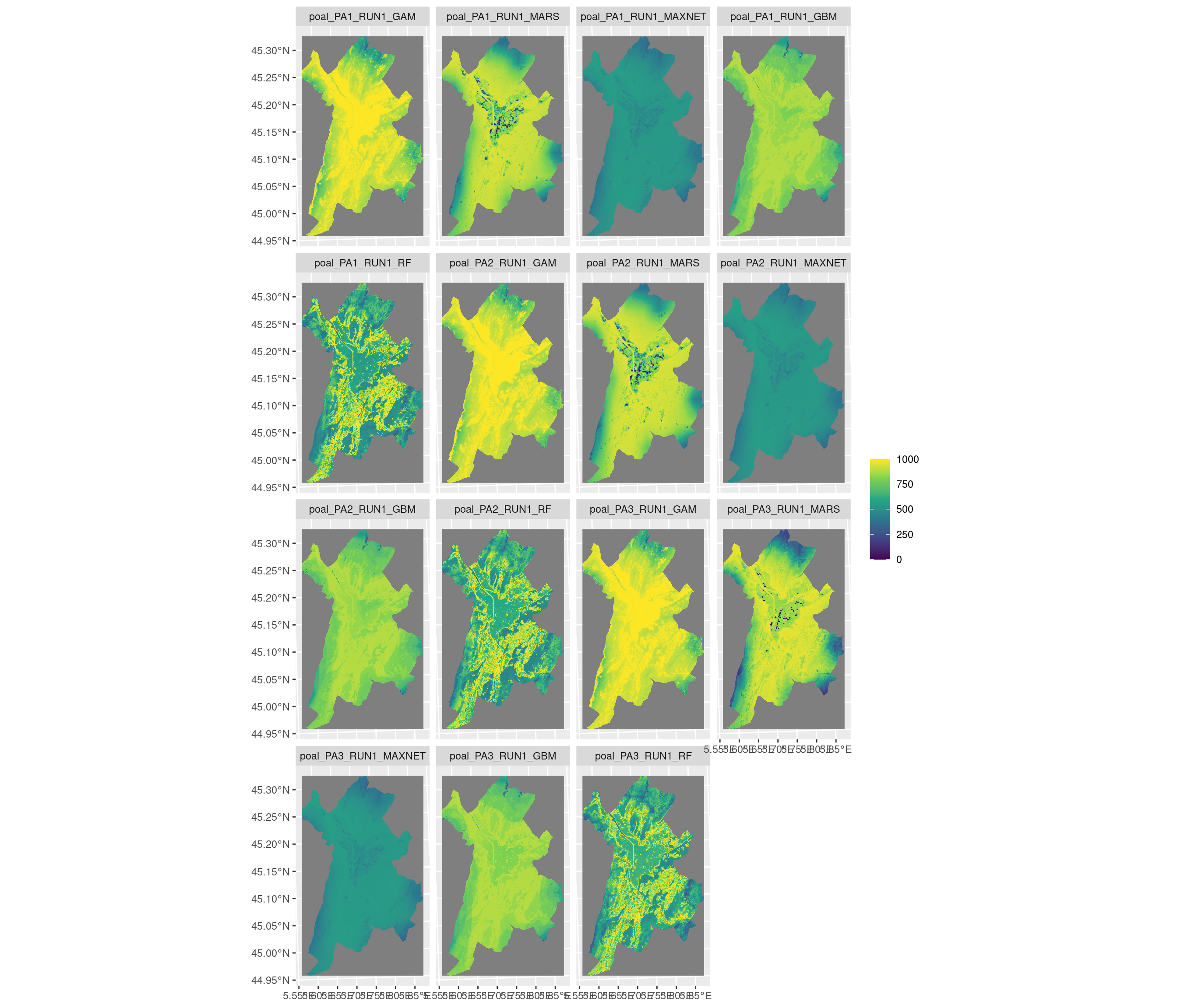 Projection de la distribution potentielle contemporaine sur la métropole de Grenoble, selon les 6 algorithmes et les 3 runs.