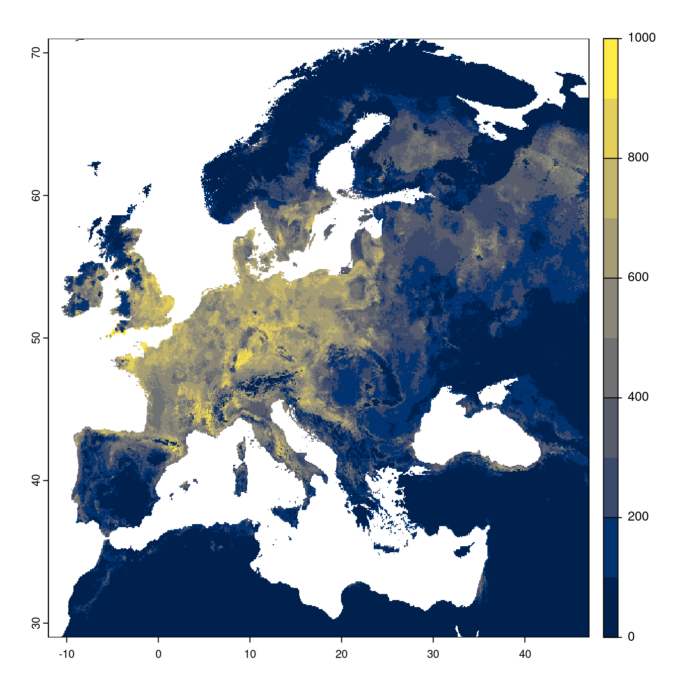 Projection des distributions potentielles futures jusqu'à l'horizon 2100 sous le scénario SSP1-2.6 (modèle d'ensemble).