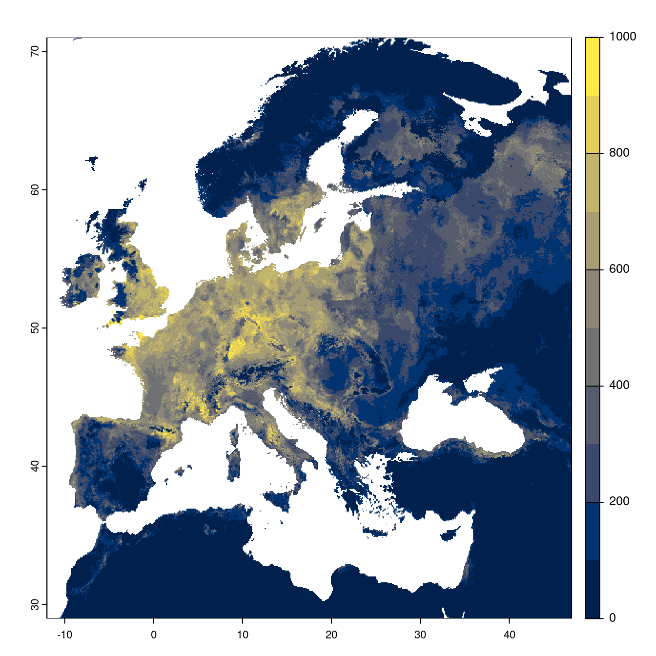 Projection des distributions potentielles futures jusqu'à l'horizon 2100 sous le scénario SSP1-2.6 (modèle d'ensemble).