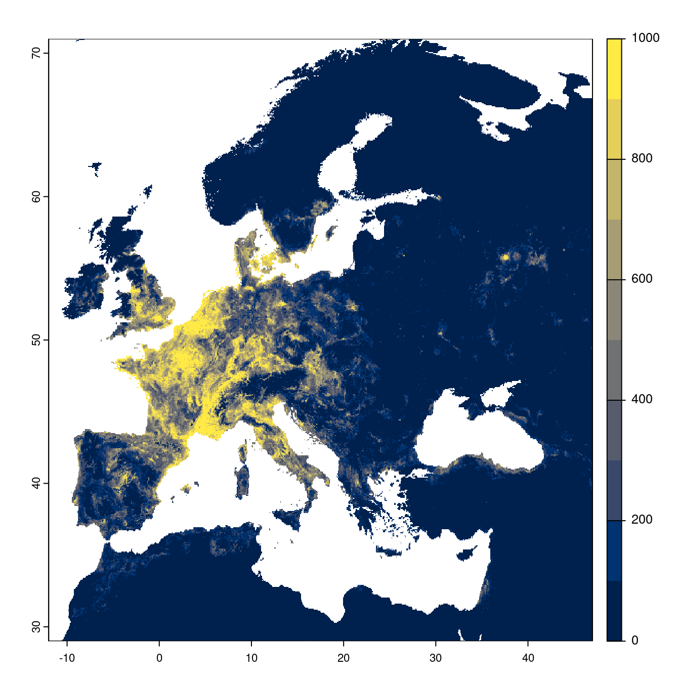 Projection des distributions potentielles futures jusqu'à l'horizon 2100 sous le scénario SSP2-4.5 (modèle d'ensemble).
