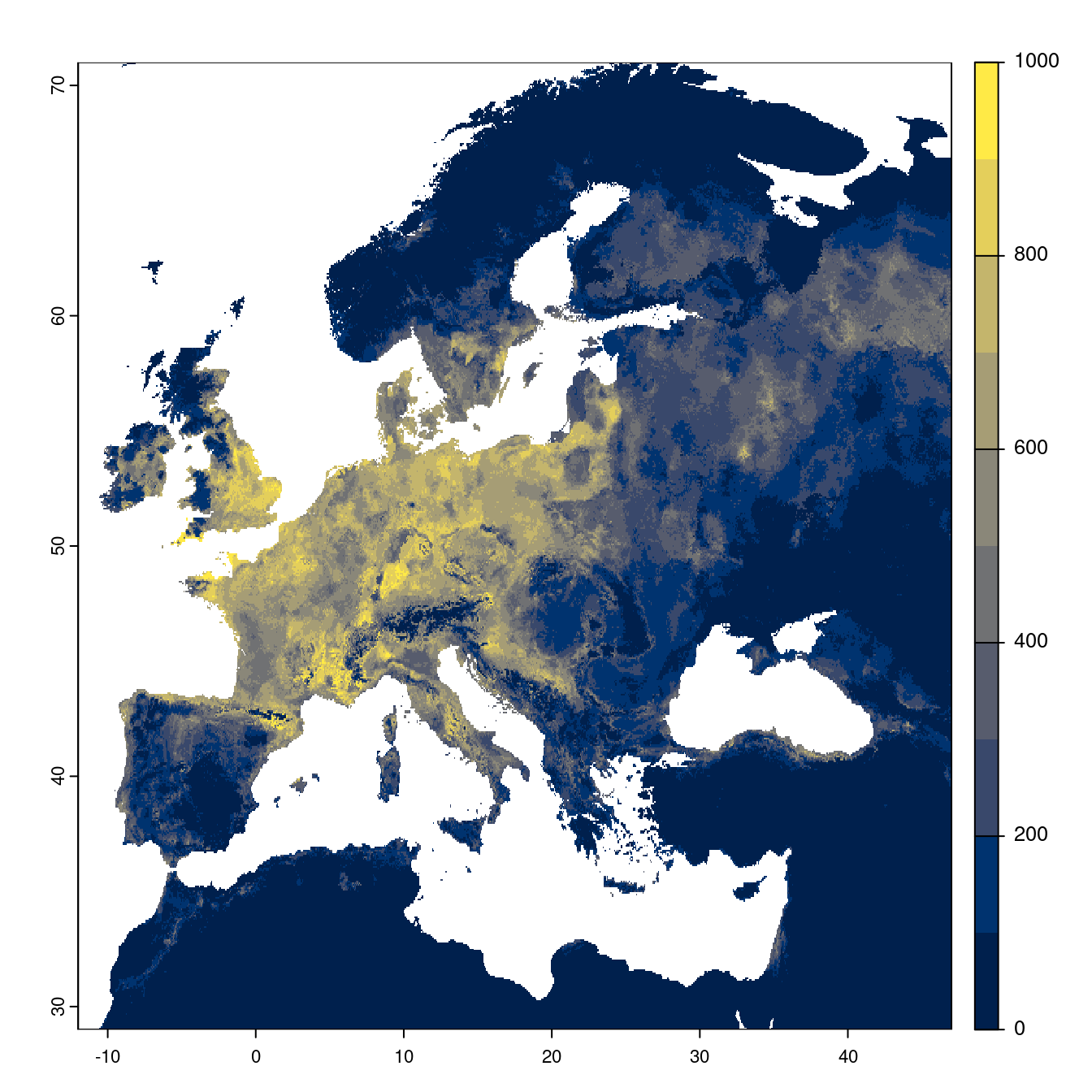 Projection des distributions potentielles futures jusqu'à l'horizon 2100 sous le scénario SSP2-4.5 (modèle d'ensemble).