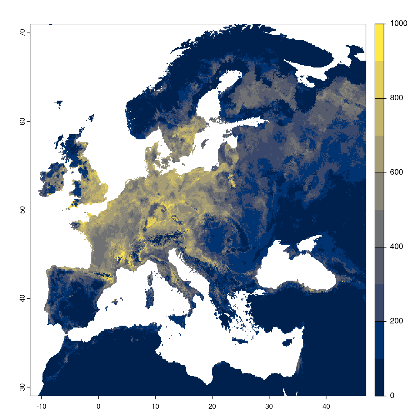 Projection des distributions potentielles futures jusqu'à l'horizon 2100 sous le scénario SSP2-4.5 (modèle d'ensemble).