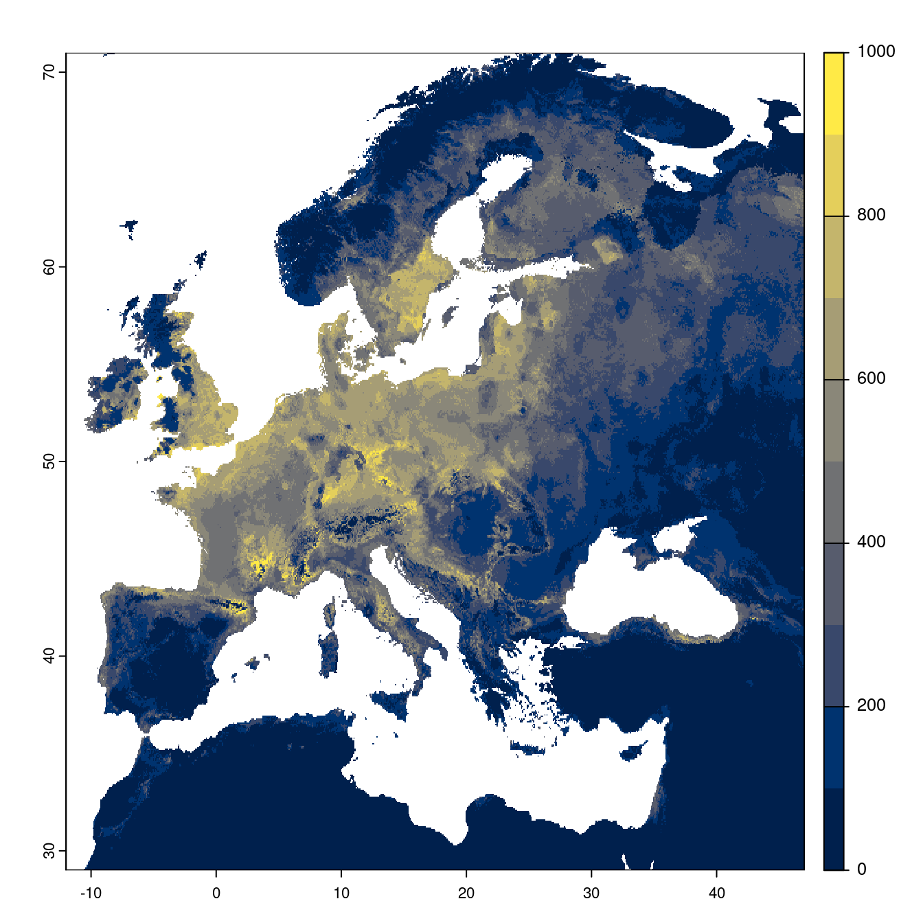 Projection des distributions potentielles futures jusqu'à l'horizon 2100 sous le scénario SSP2-4.5 (modèle d'ensemble).