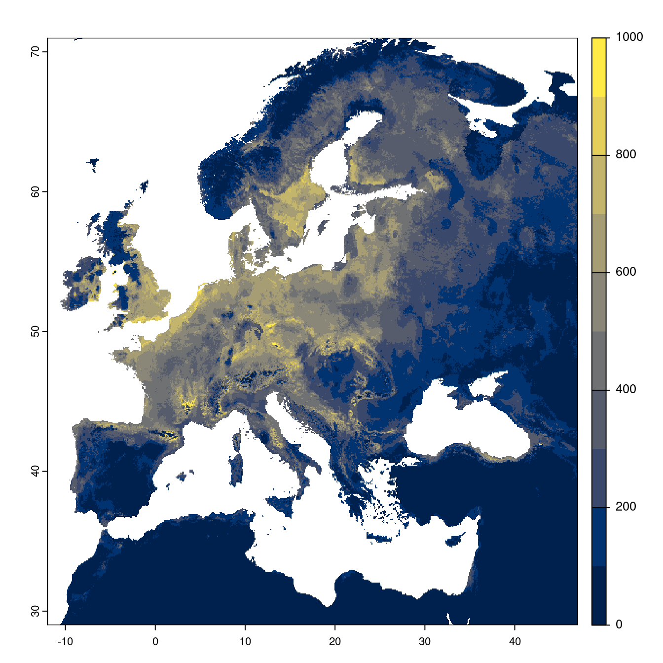 Projection des distributions potentielles futures jusqu'à l'horizon 2100 sous le scénario SSP3-7.0 (modèle d'ensemble).