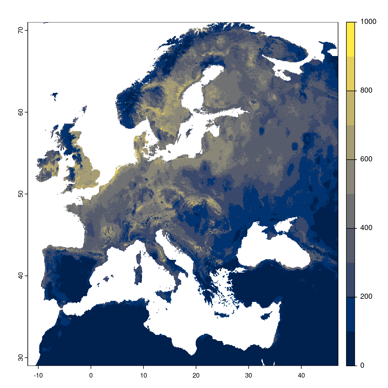 Projection des distributions potentielles futures jusqu'à l'horizon 2100 sous le scénario SSP3-7.0 (modèle d'ensemble).