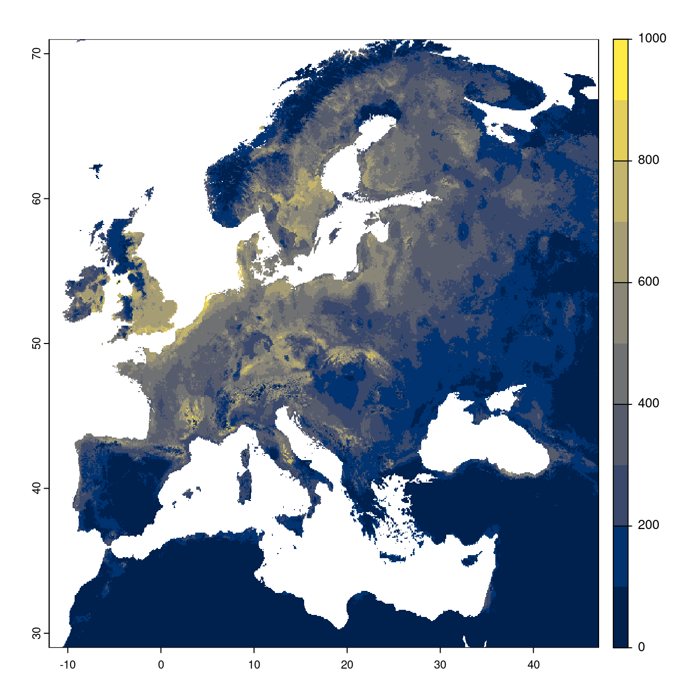 Projection des distributions potentielles futures jusqu'à l'horizon 2100 sous le scénario SSP5-8.5 (modèle d'ensemble).