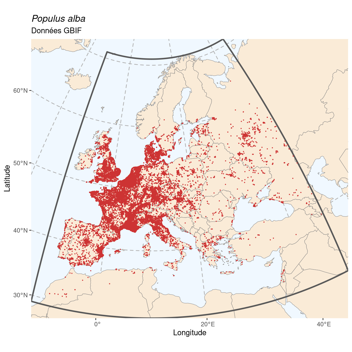 Occurrence de Populus alba dans la région d'endémisme.