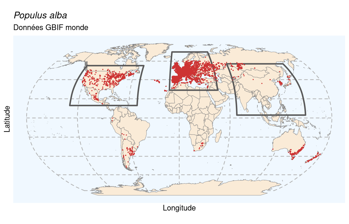 Occurrences de Populus alba dans le monde.