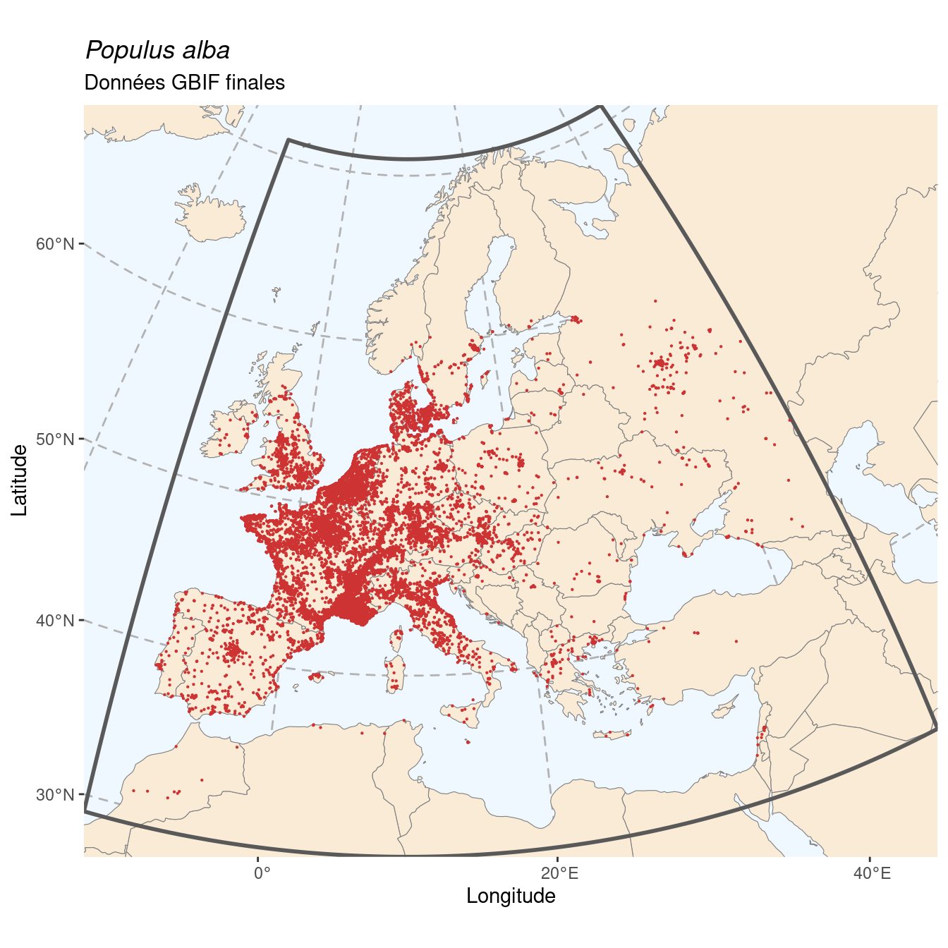 Occurrence de Populus alba dans la région d'endémisme après sous-échantillonnage éventuel.
