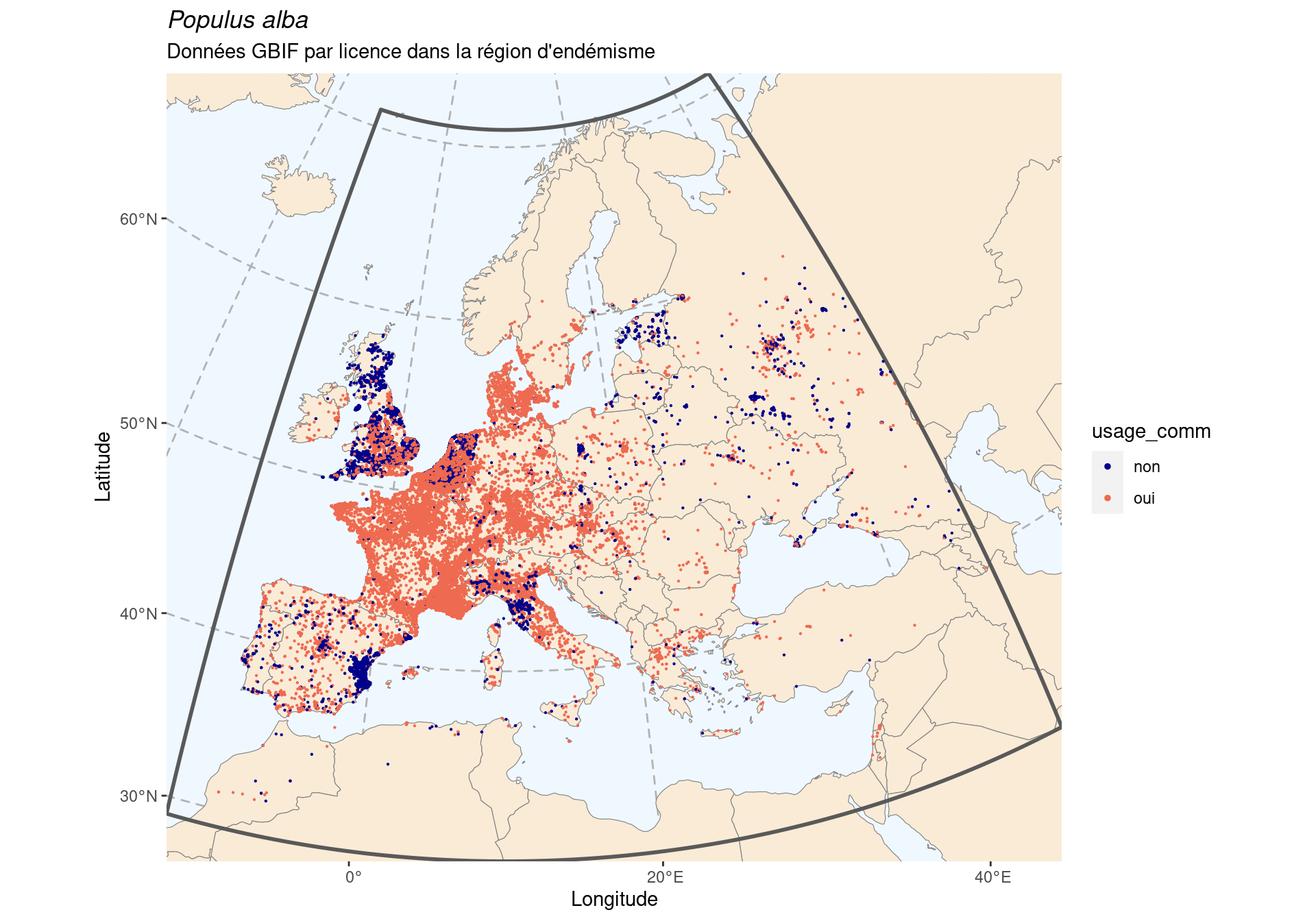 Occurrence de Populus alba dans la région d'endémisme, selon la licence : CC BY-NC en bleu ; CC0 et CC BY en orange.