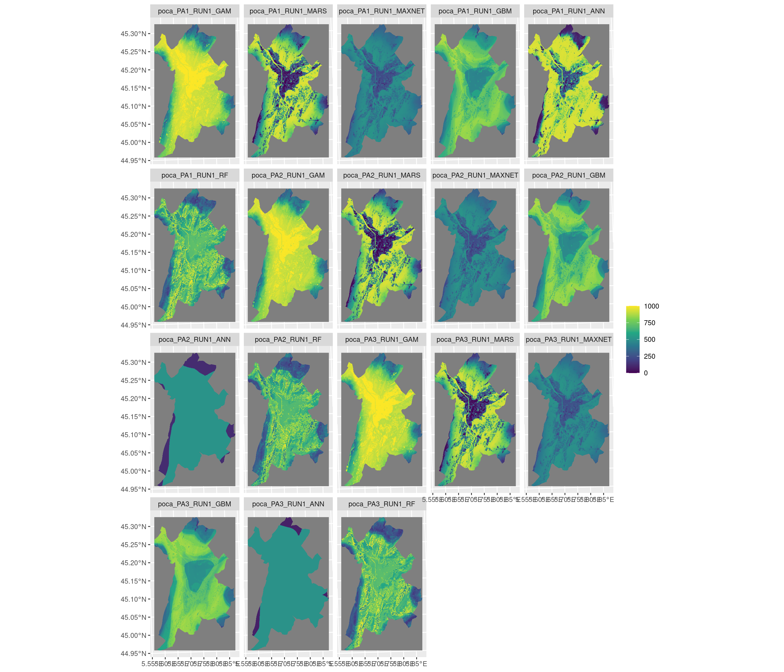 Projection de la distribution potentielle contemporaine sur la métropole de Grenoble, selon les 6 algorithmes et les 3 runs.