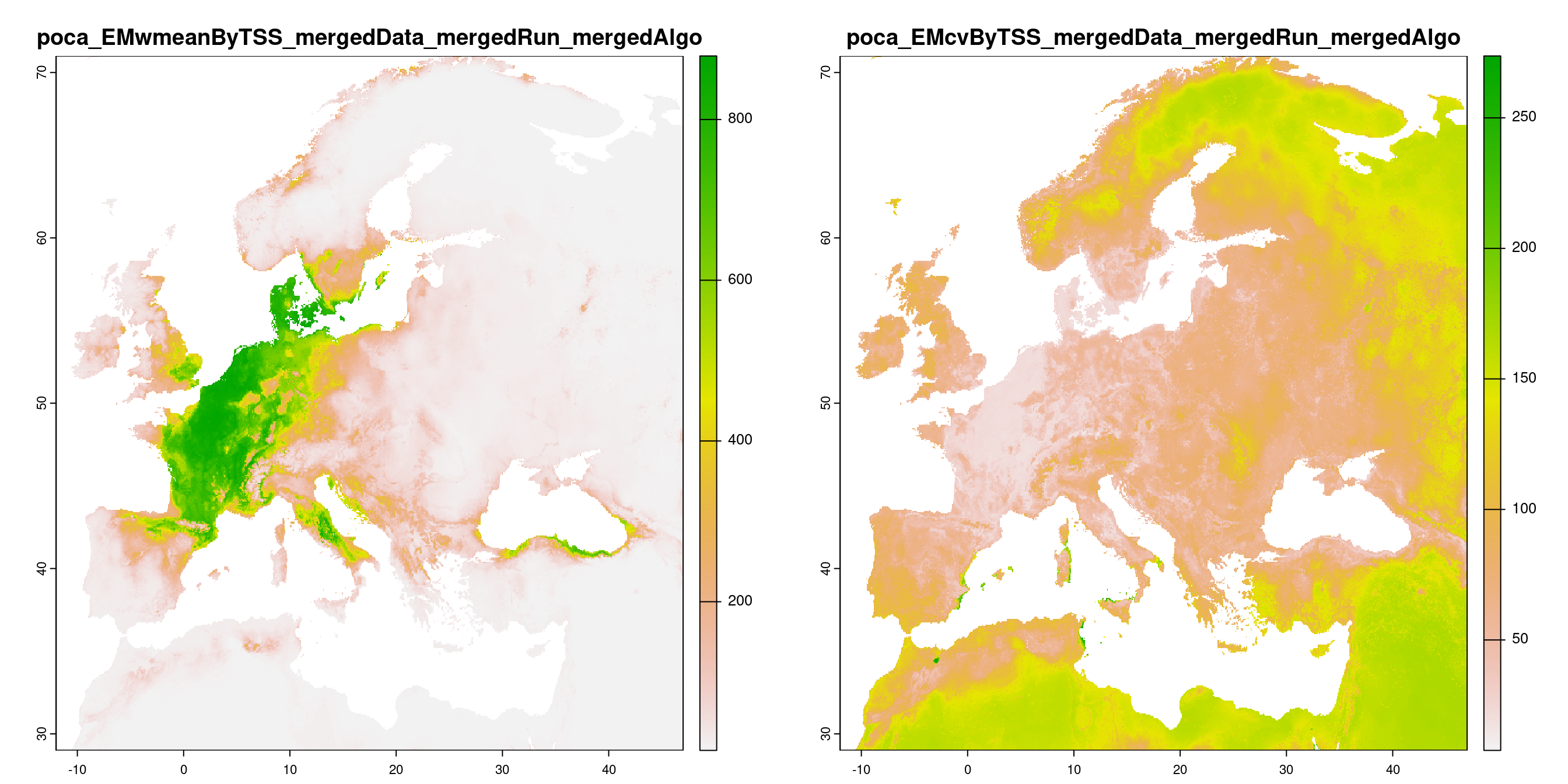 A) Projection de la distribution potentielle contemporaine (modèle d'ensemble) ; B) Incertitude associée à la projection.