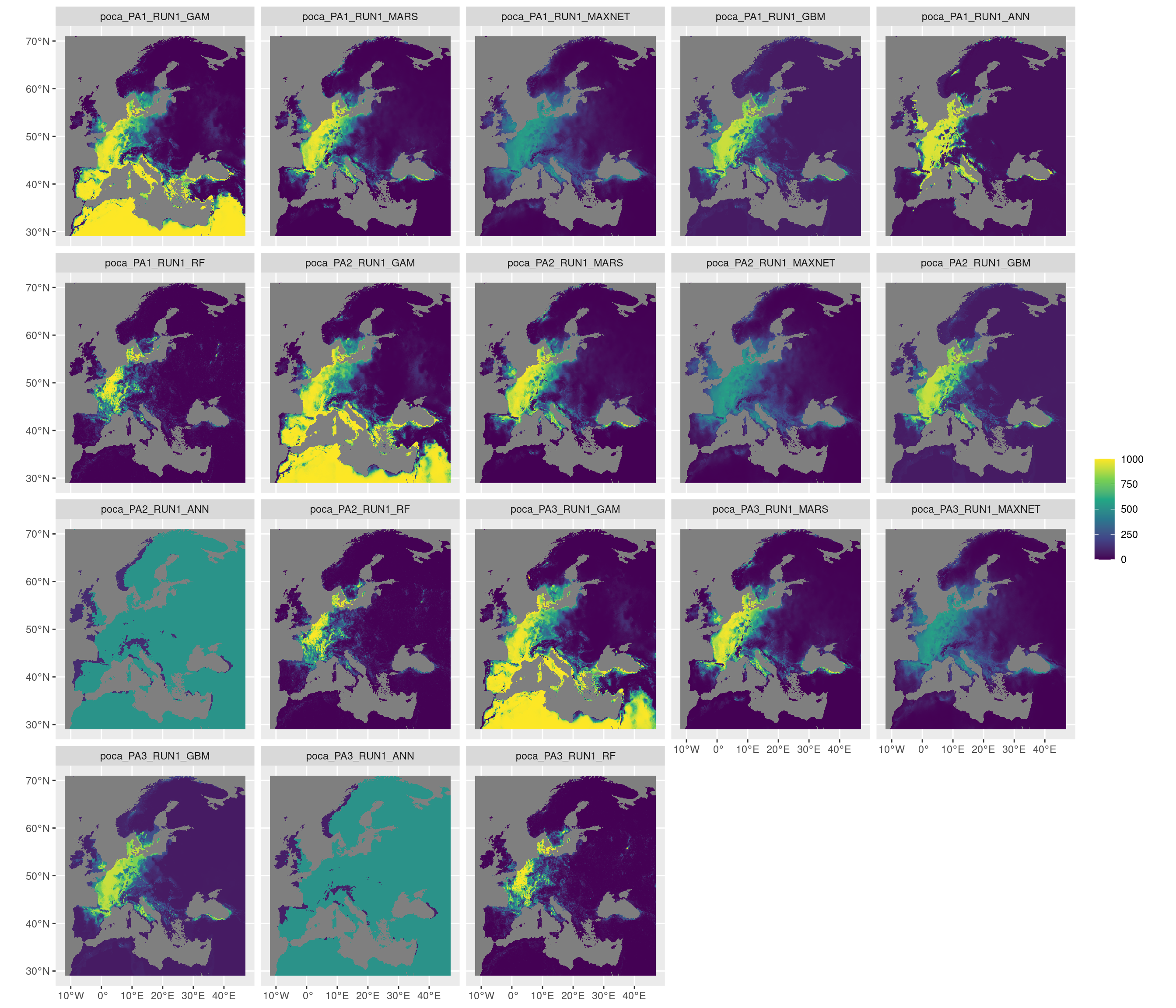 Projection de la distribution potentielle contemporaine sur l'Europe, selon les 6 algorithmes et les 3 runs.