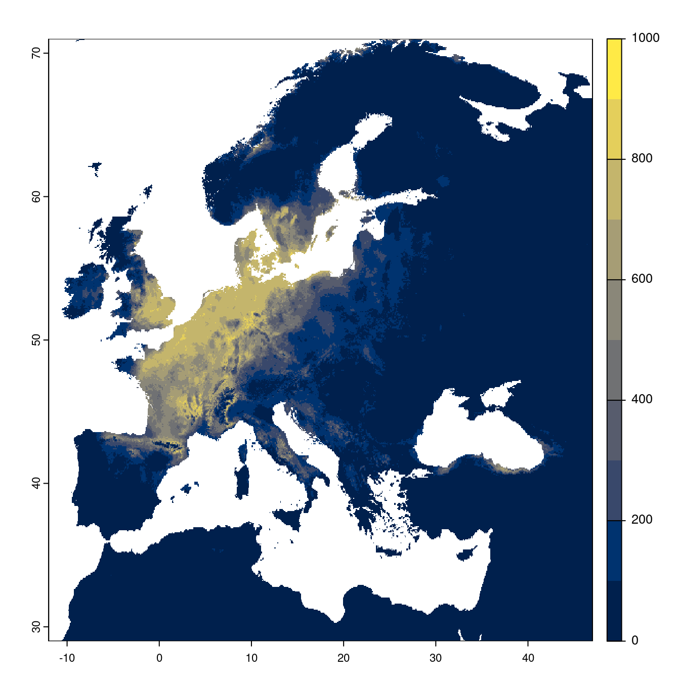 Projection des distributions potentielles futures jusqu'à l'horizon 2100 sous le scénario SSP1-2.6 (modèle d'ensemble).