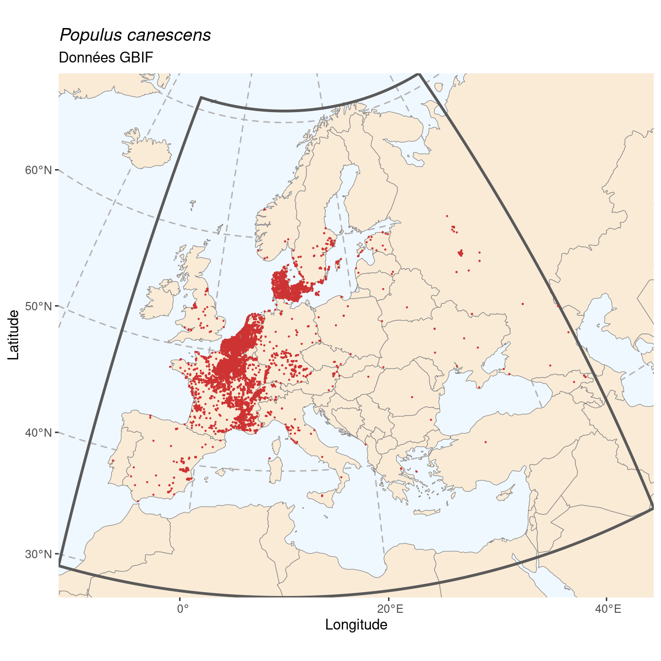 Occurrence de Populus canescens dans la région d'endémisme.