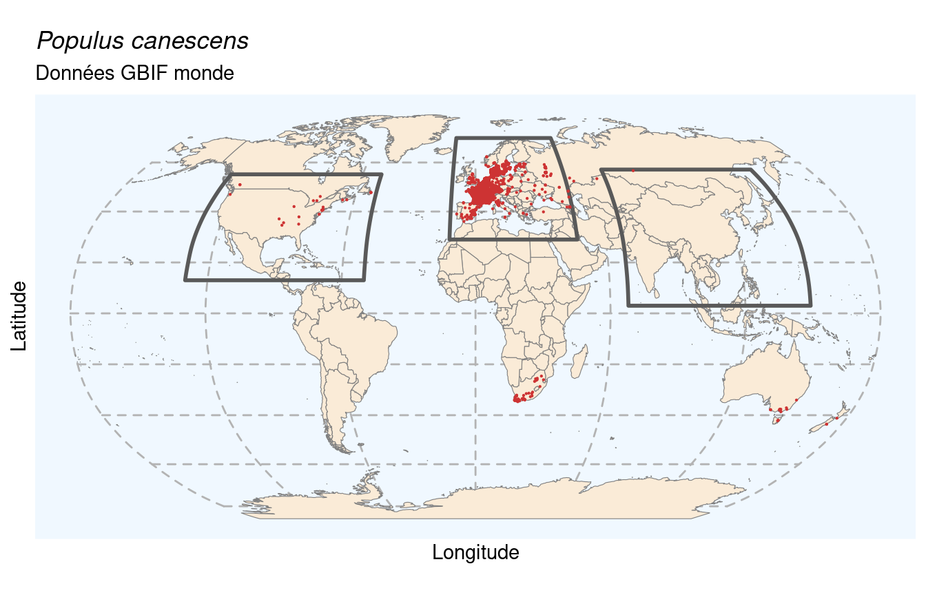 Occurrences de Populus canescens dans le monde.