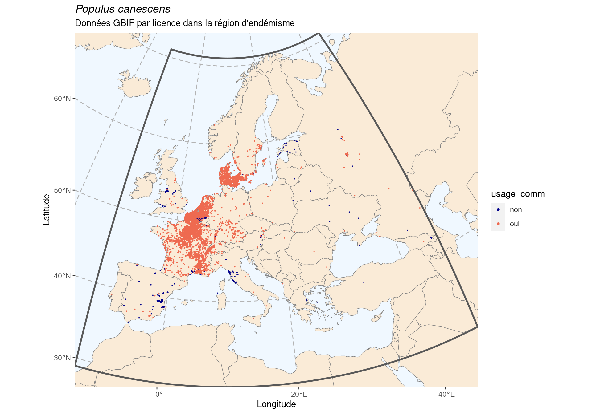 Occurrence de Populus canescens dans la région d'endémisme, selon la licence : CC BY-NC en bleu ; CC0 et CC BY en orange.