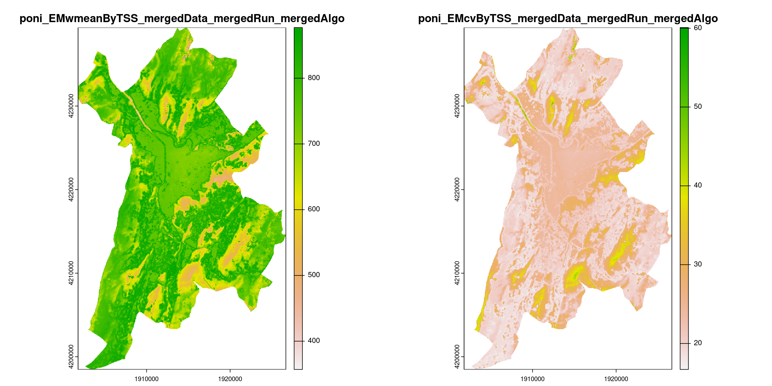 A) Projection de la distribution potentielle contemporaine (modèle d'ensemble) sur la métropole de Grenoble ; B) Incertitude associée à la projection.