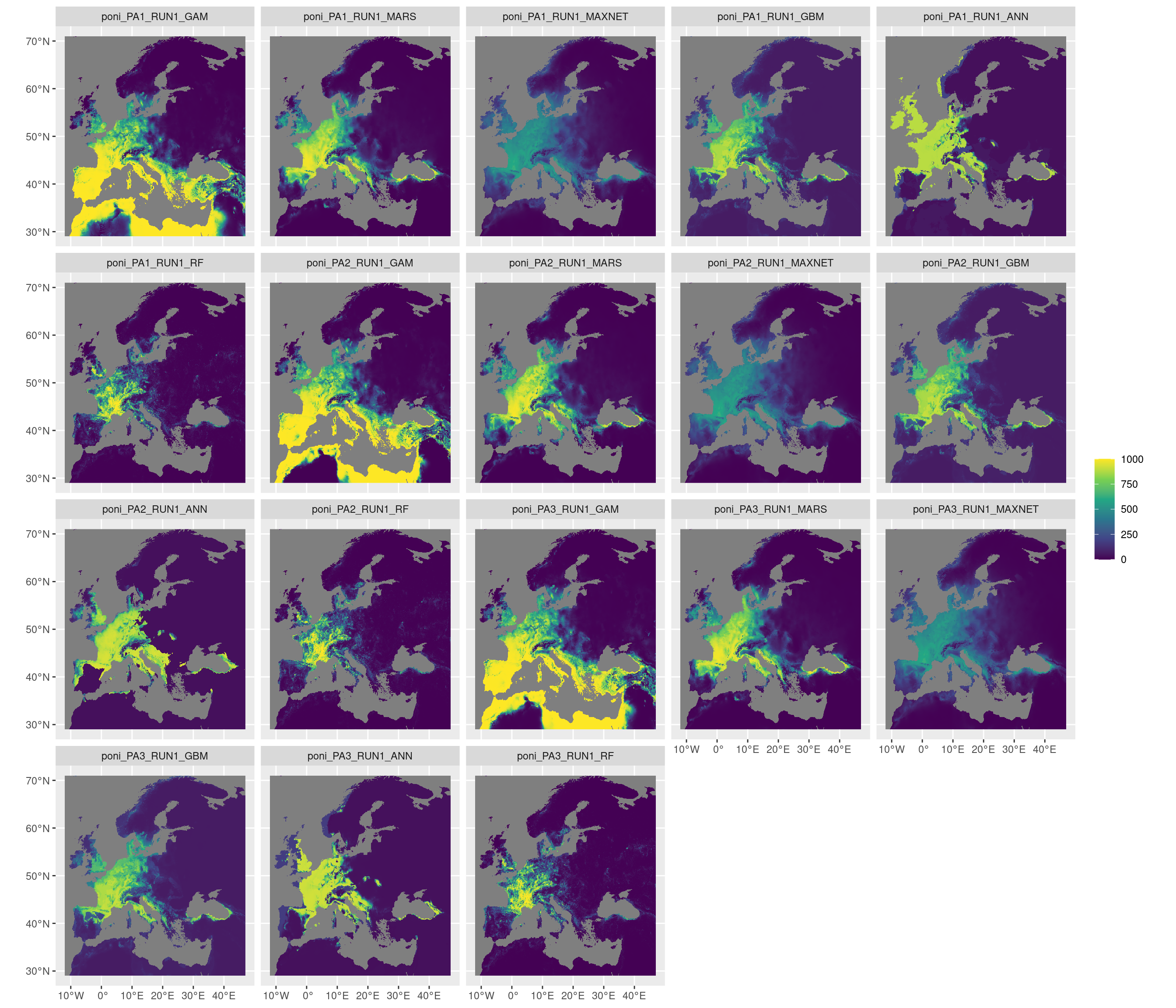 Projection de la distribution potentielle contemporaine sur l'Europe, selon les 6 algorithmes et les 3 runs.