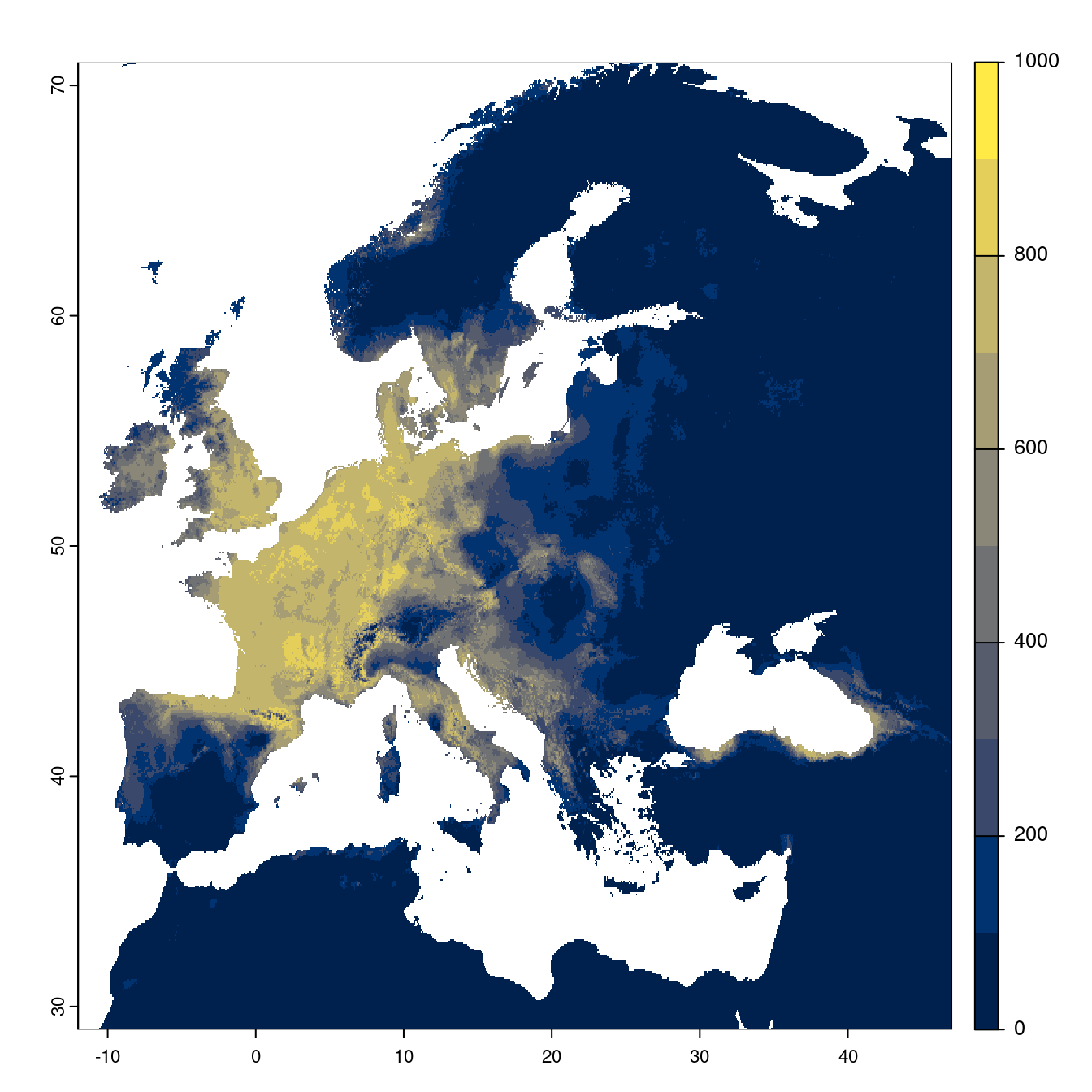 Projection des distributions potentielles futures jusqu'à l'horizon 2100 sous le scénario SSP1-2.6 (modèle d'ensemble).