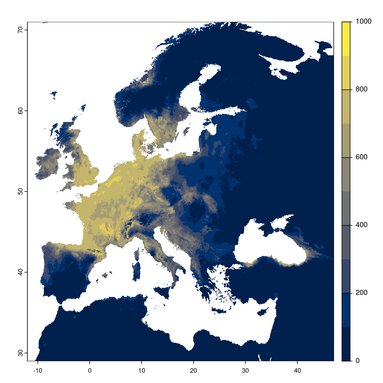Projection des distributions potentielles futures jusqu'à l'horizon 2100 sous le scénario SSP3-7.0 (modèle d'ensemble).