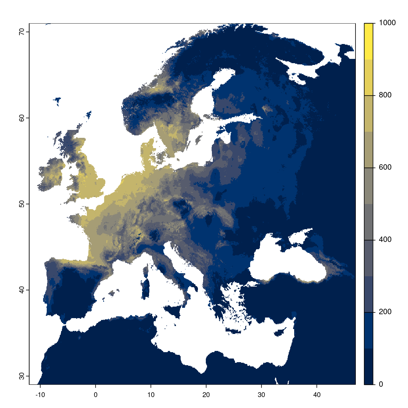 Projection des distributions potentielles futures jusqu'à l'horizon 2100 sous le scénario SSP3-7.0 (modèle d'ensemble).
