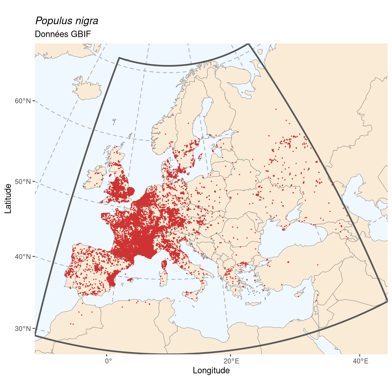 Occurrence de Populus nigra dans la région d'endémisme.