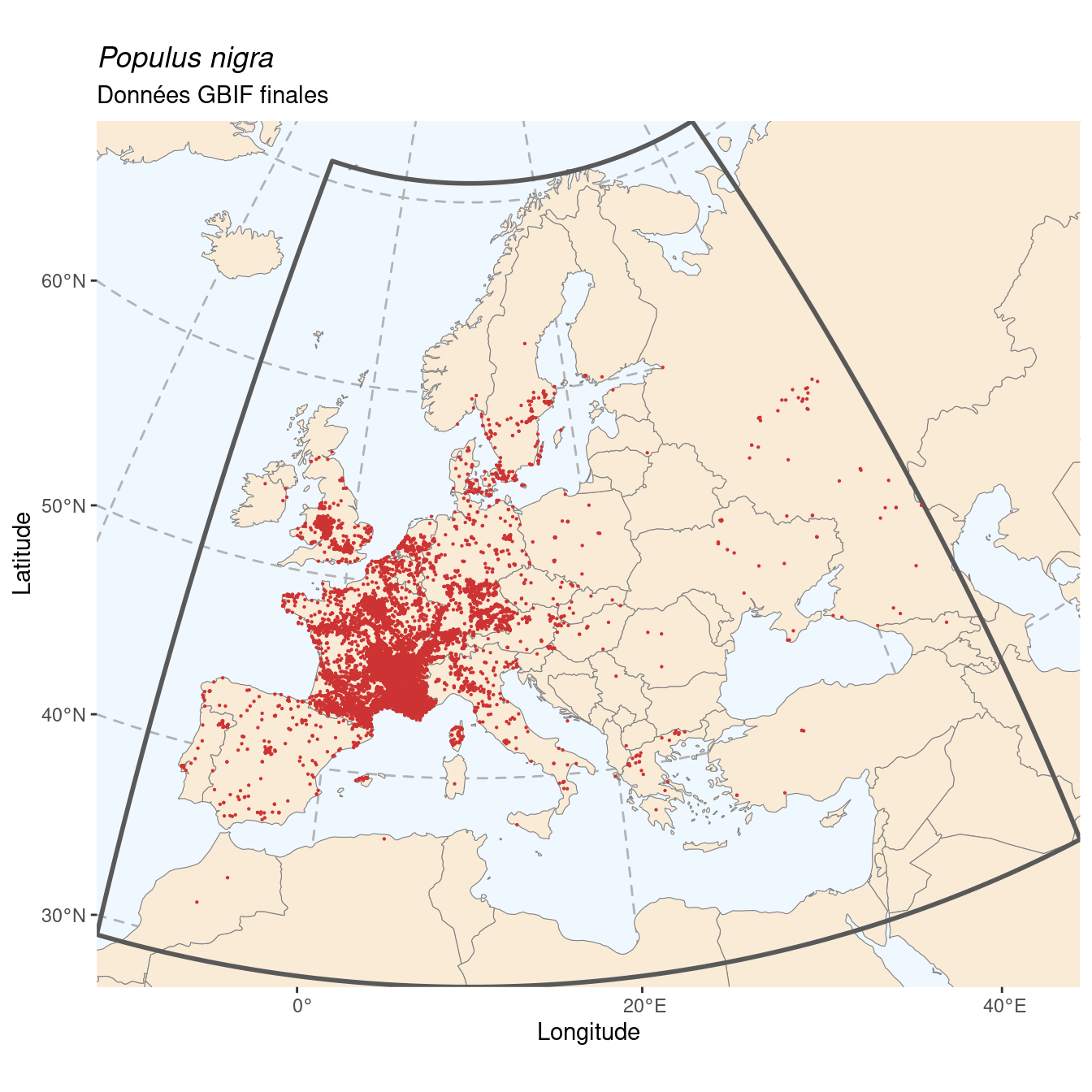 Occurrence de Populus nigra dans la région d'endémisme après sous-échantillonnage éventuel.
