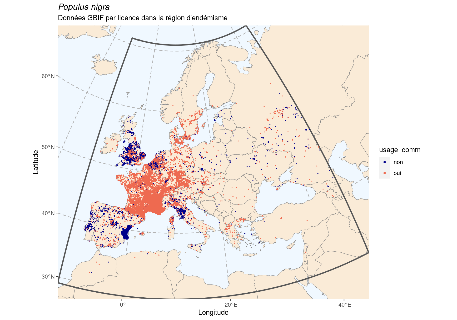 Occurrence de Populus nigra dans la région d'endémisme, selon la licence : CC BY-NC en bleu ; CC0 et CC BY en orange.