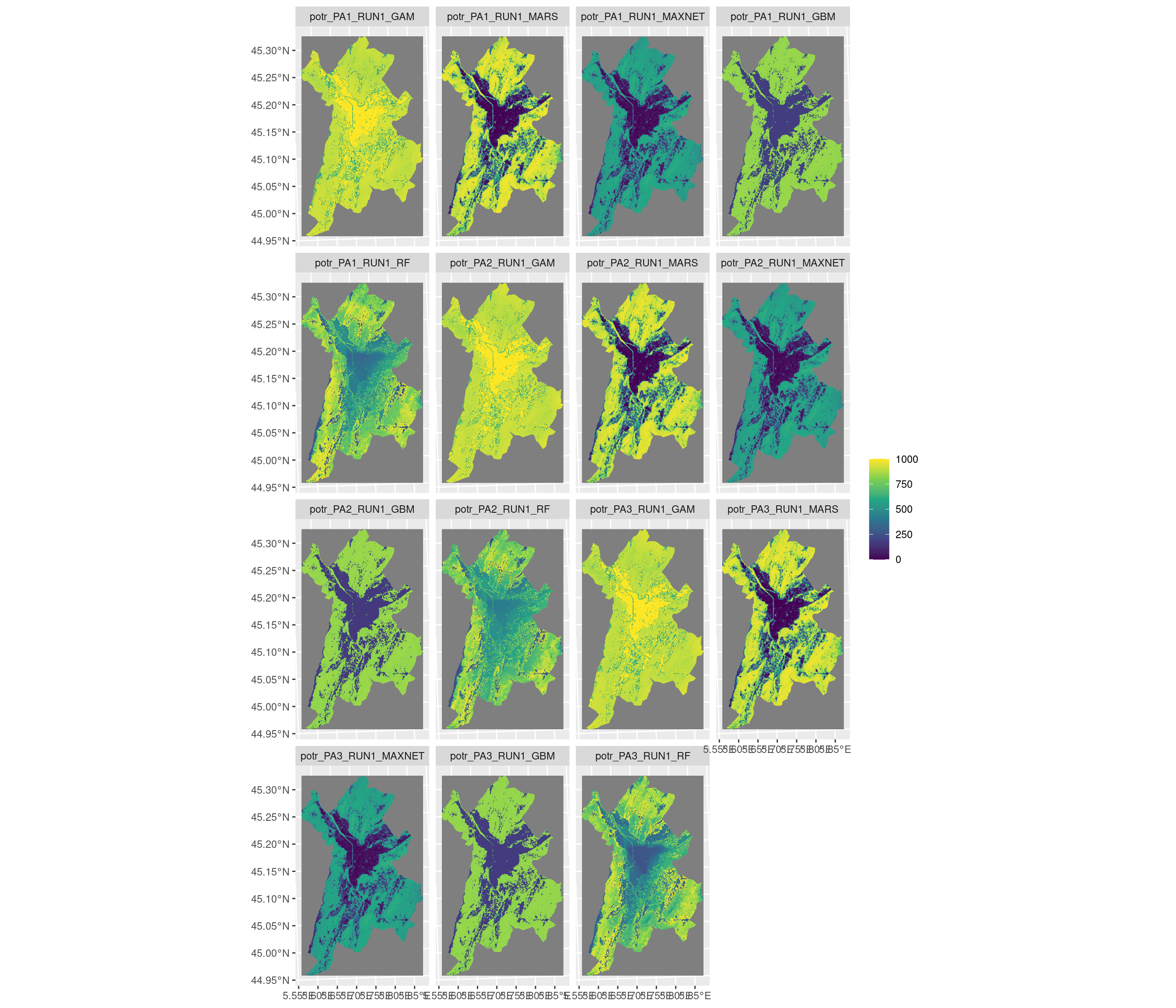 Projection de la distribution potentielle contemporaine sur la métropole de Grenoble, selon les 6 algorithmes et les 3 runs.