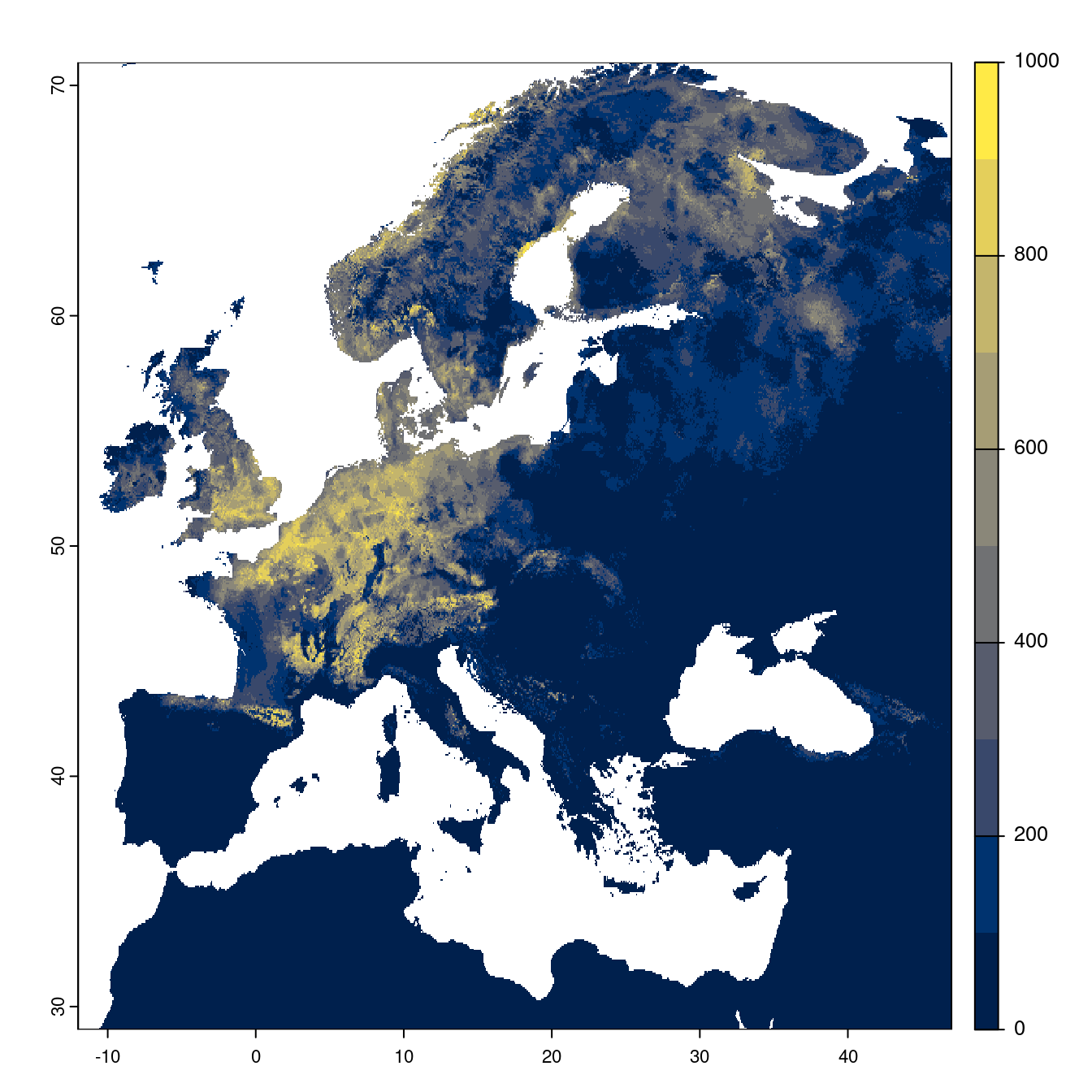 Projection des distributions potentielles futures jusqu'à l'horizon 2100 sous le scénario SSP1-2.6 (modèle d'ensemble).