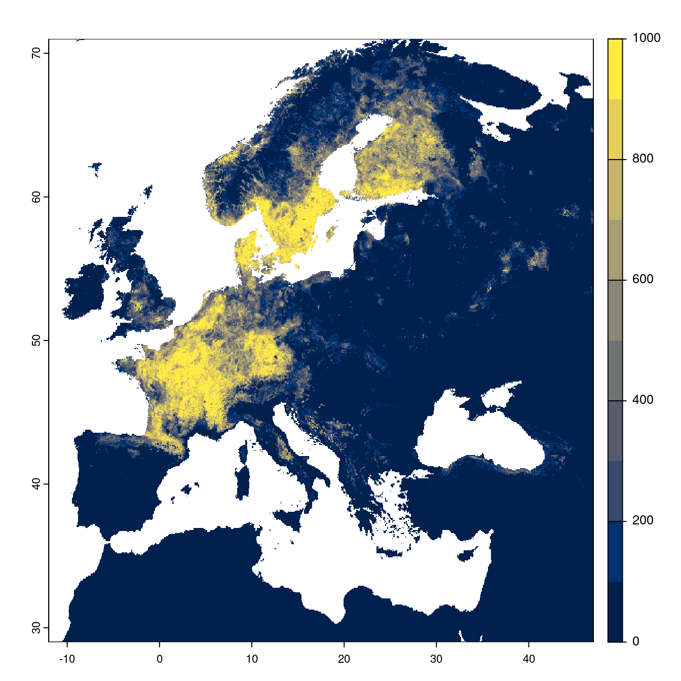 Projection des distributions potentielles futures jusqu'à l'horizon 2100 sous le scénario SSP5-8.5 (modèle d'ensemble).