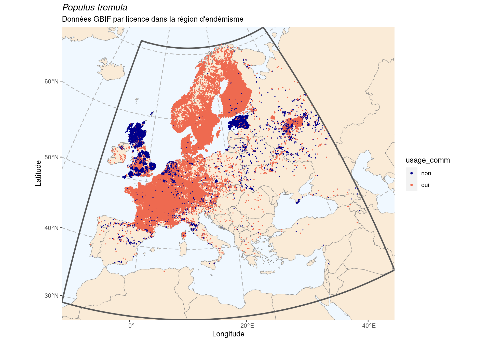 Occurrence de Populus tremula dans la région d'endémisme, selon la licence : CC BY-NC en bleu ; CC0 et CC BY en orange.