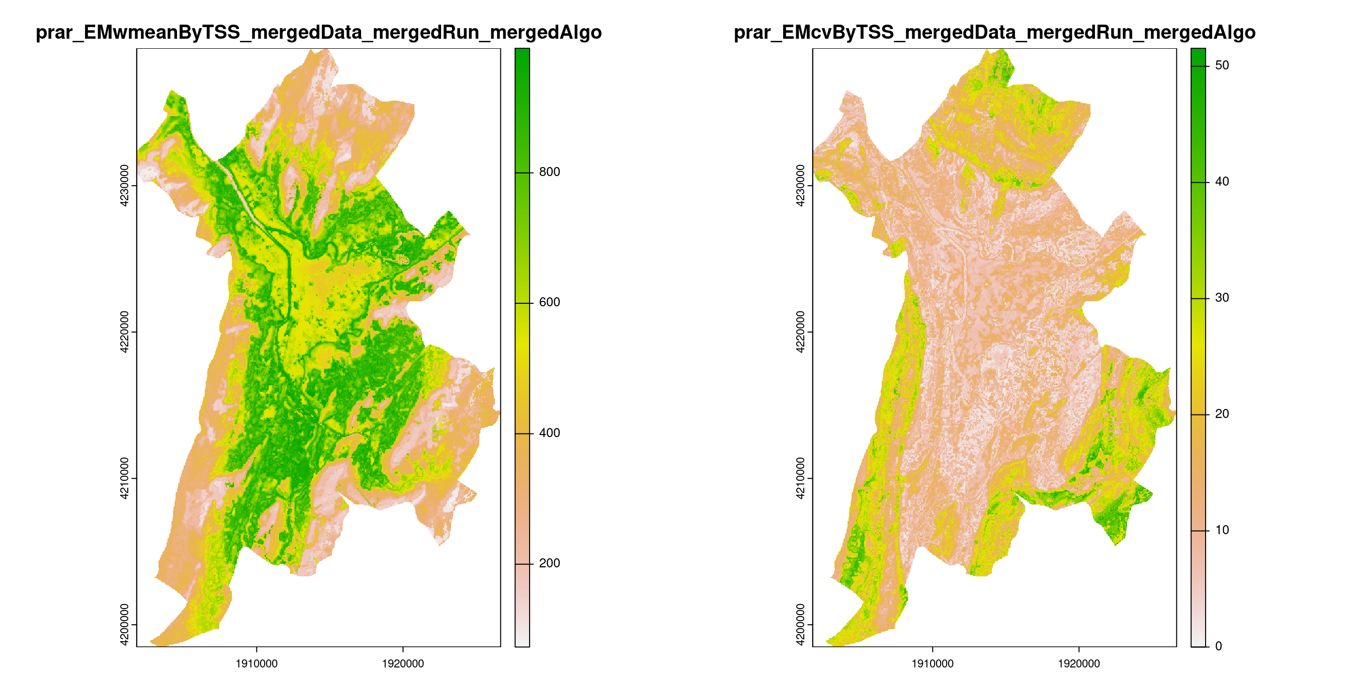 A) Projection de la distribution potentielle contemporaine (modèle d'ensemble) sur la métropole de Grenoble ; B) Incertitude associée à la projection.