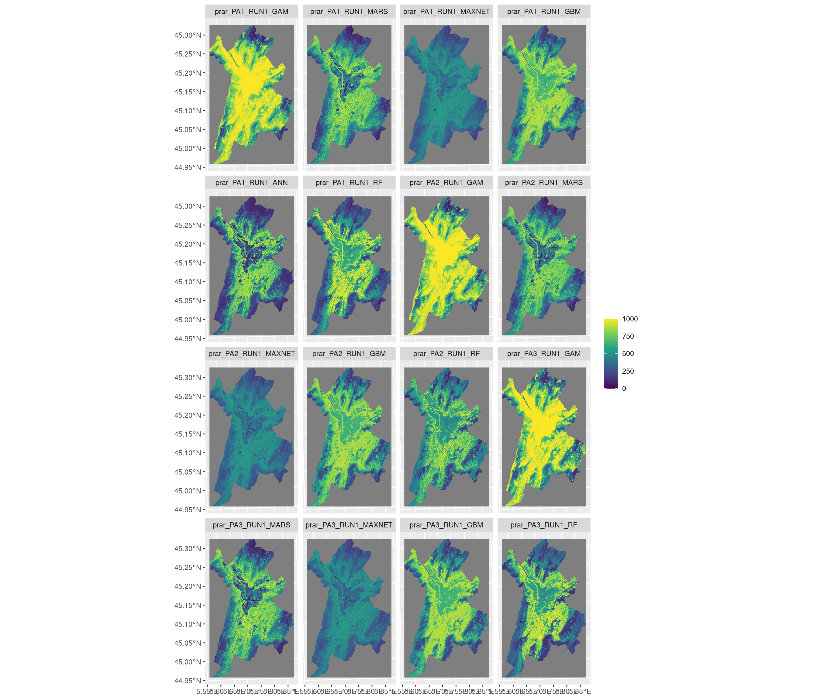 Projection de la distribution potentielle contemporaine sur la métropole de Grenoble, selon les 6 algorithmes et les 3 runs.