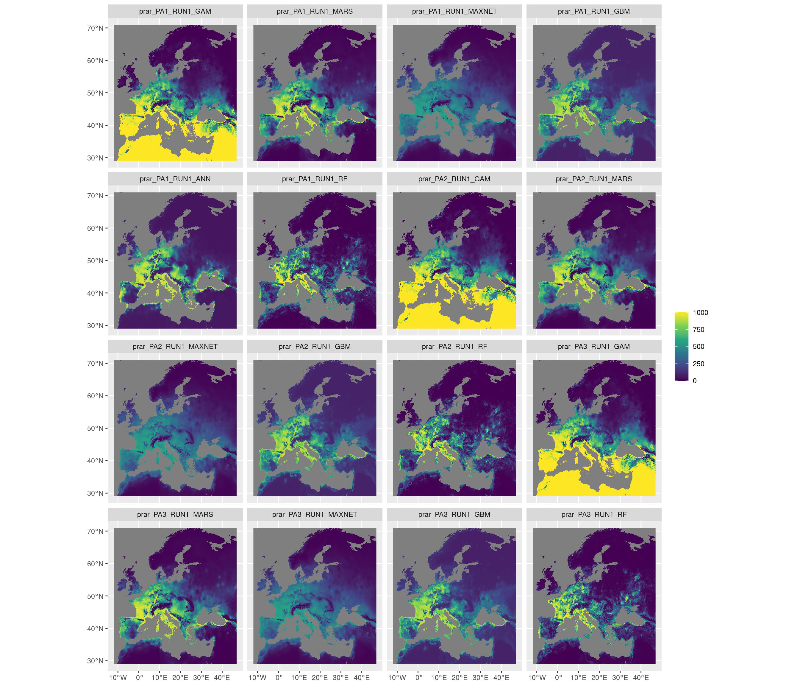 Projection de la distribution potentielle contemporaine sur l'Europe, selon les 6 algorithmes et les 3 runs.
