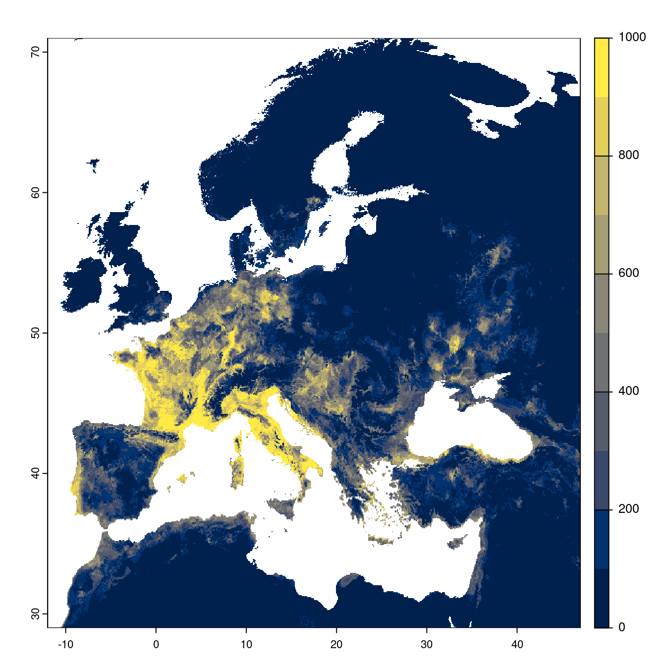 Projection des distributions potentielles futures jusqu'à l'horizon 2100 sous le scénario SSP2-4.5 (modèle d'ensemble).