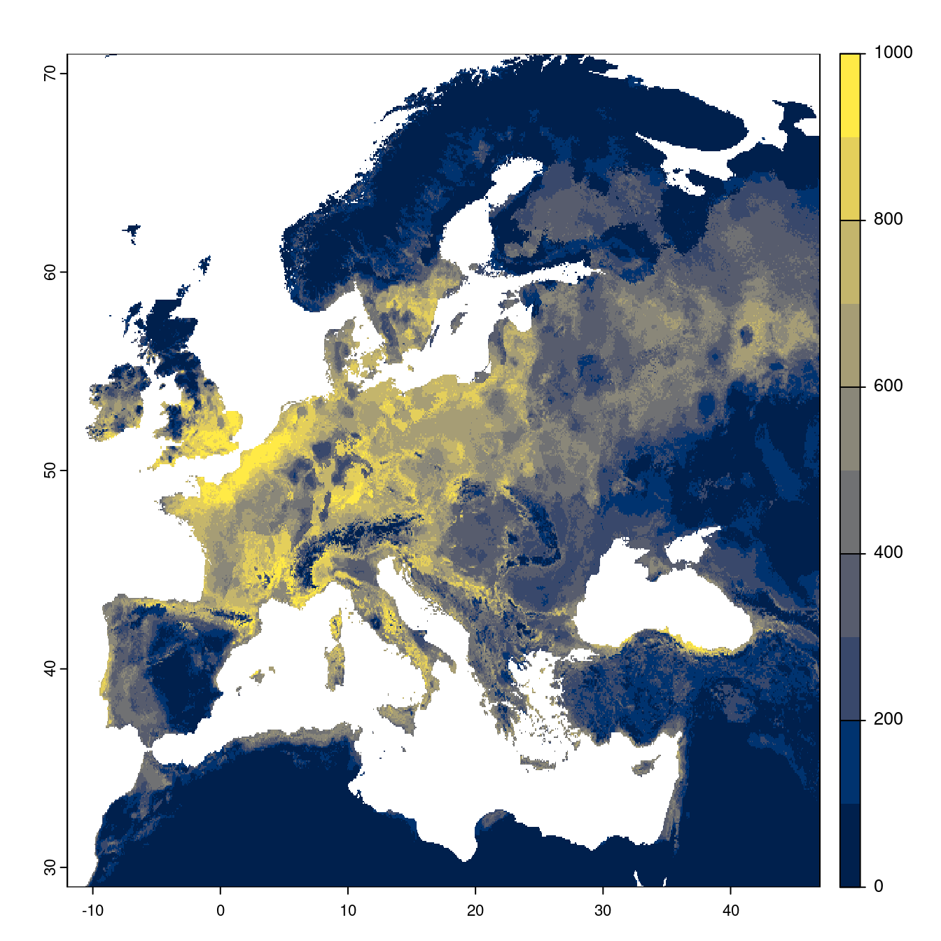 Projection des distributions potentielles futures jusqu'à l'horizon 2100 sous le scénario SSP2-4.5 (modèle d'ensemble).