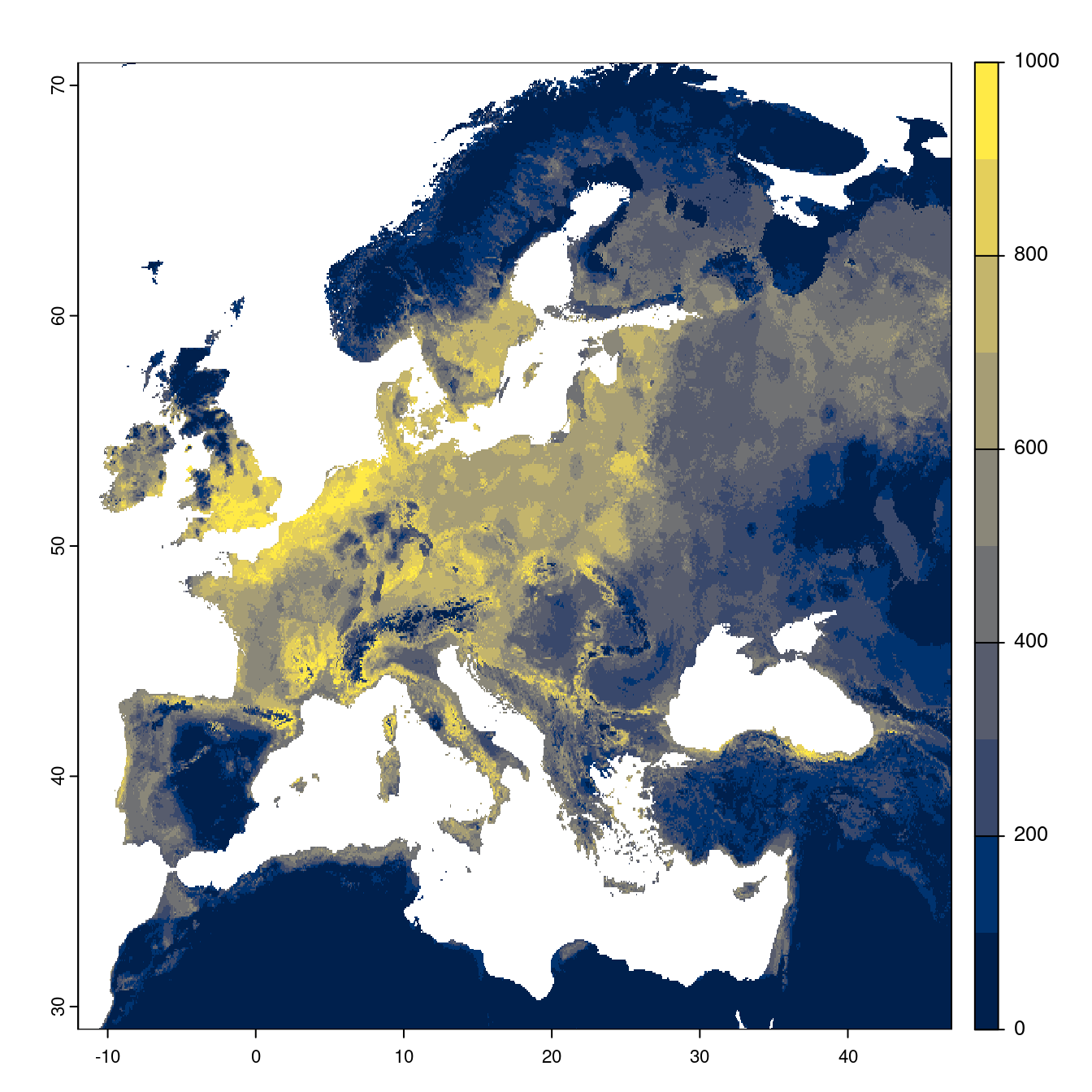 Projection des distributions potentielles futures jusqu'à l'horizon 2100 sous le scénario SSP2-4.5 (modèle d'ensemble).